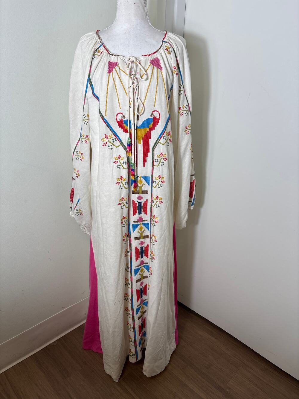 Farm Rio Off White Cross stitch Long Sleeve Maxi Dress Sz XS